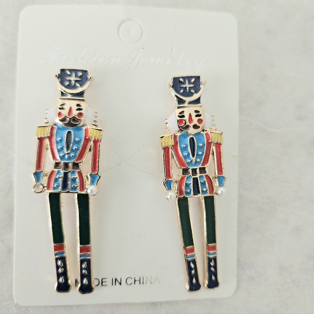 Enamel Earrings Christmas Colorful Nutcracker Pierced